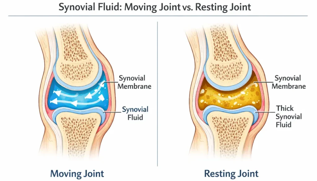 Diagram of a finger joint showing how synovial fluid thickens during sleep to cause morning stiffness.