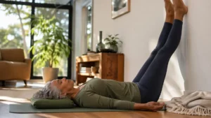 Mature woman practicing legs up the wall benefits for seniors to naturally reduce end-of-day ankle swelling.