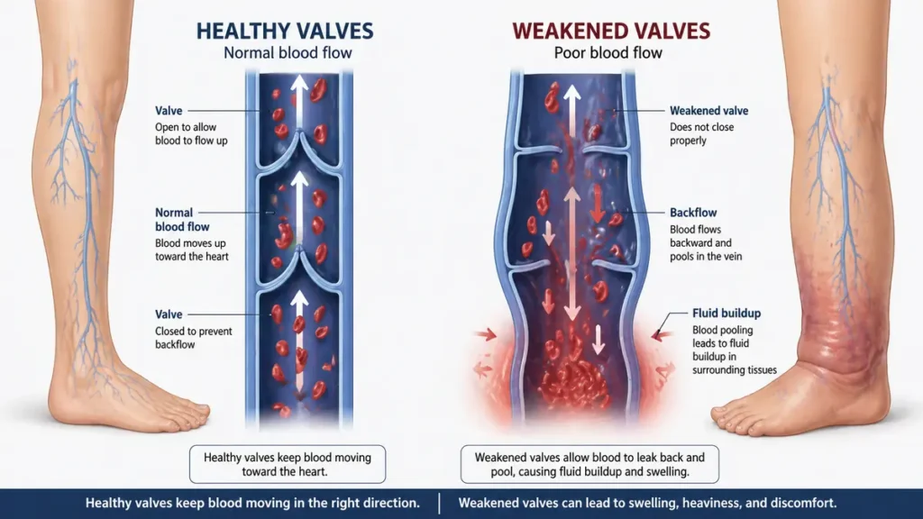 Diagram of chronic venous insufficiency comparing healthy vein valves to weakened valves that allow backflow and fluid buildup in the lower leg.