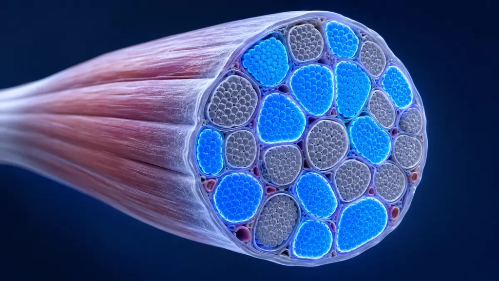 Cross-section of muscle fibers showing active motor unit recruitment through isometric exercise for strength after 50.