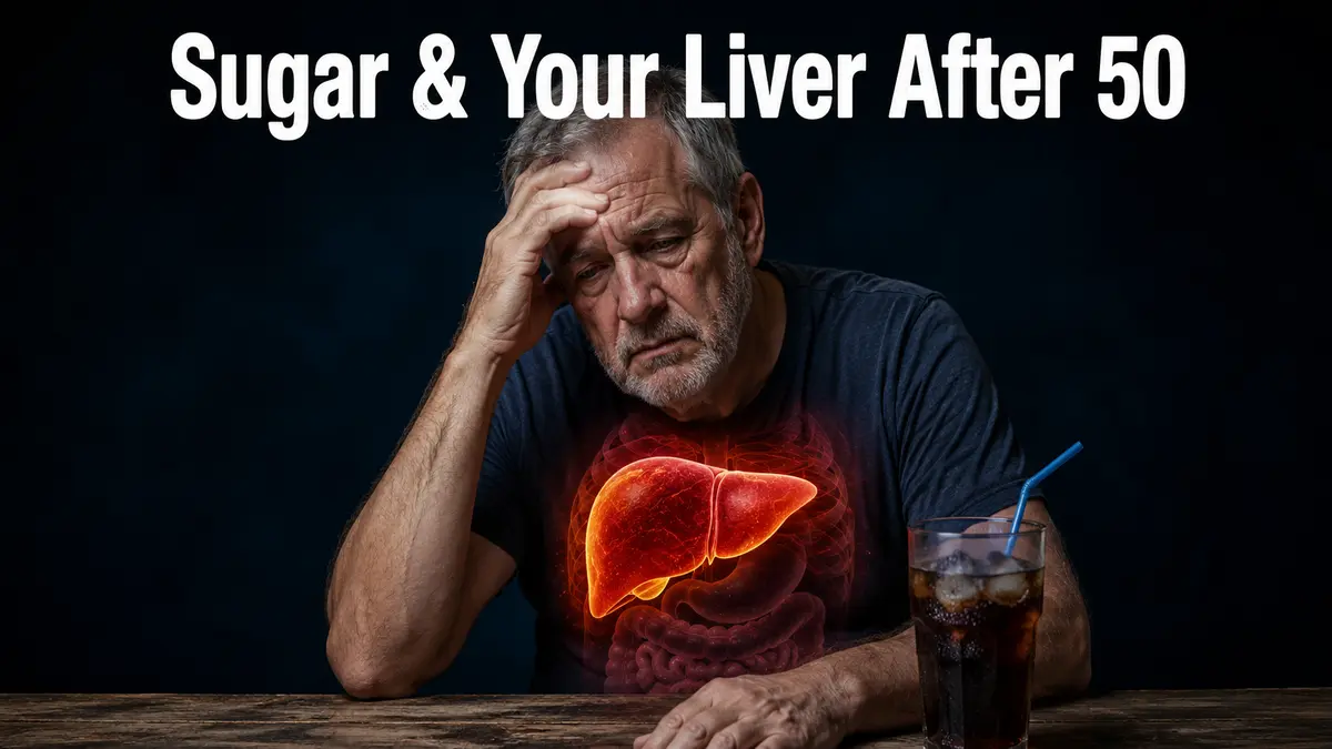Exhausted older man with red glowing liver overlay and cola glass on table showing hidden sugar damage to liver after 50.