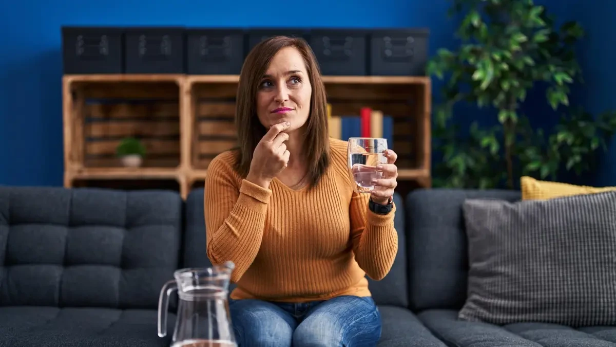 Mature woman thoughtfully holding a glass of water on a couch to represent choosing healthy alternatives to alcohol to reduce belly fat after 50.