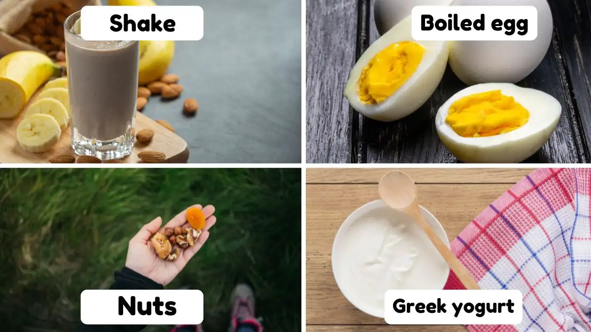 A four-panel visual guide displays quick morning protein options—a banana almond shake, sliced boiled eggs, a handful of mixed nuts, and a bowl of Greek yogurt—providing the immediate fuel needed to stabilize morning blood sugar and prevent cortisol-fueled panic.