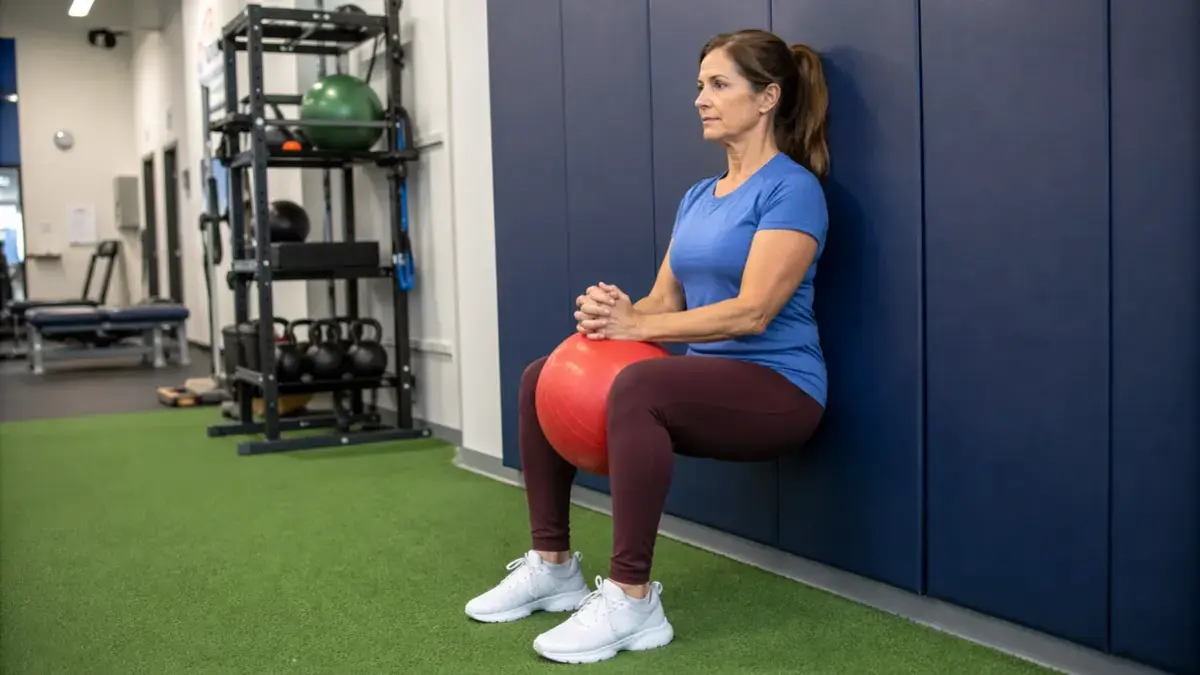 A woman in her 50s performing a wall squat with her back flat against a blue wall, squeezing a red exercise ball between her knees to activate the VMO and stabilize the knee joint.