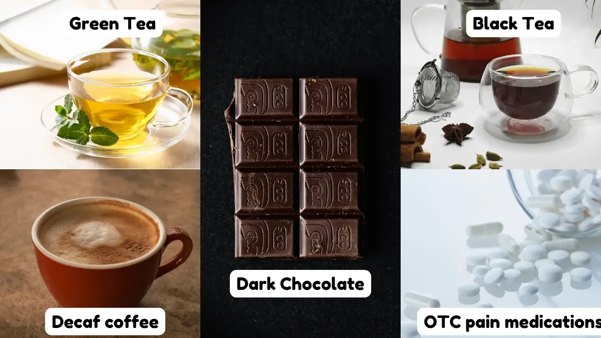 A collage illustrating five hidden caffeine sources: a clear glass teacup of green tea with mint leaves, a glass mug of black tea surrounded by spices, an unwrapped bar of dark chocolate, a red mug filled with decaf coffee, and scattered white over-the-counter pain medication pills.