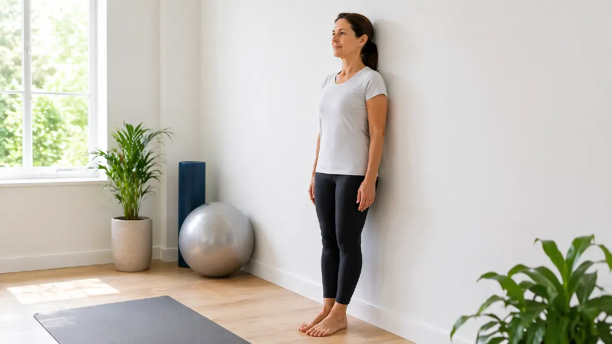 A mature man performing a posture assessment by pressing his heels, upper back, and head flat against a brightly lit living room wall.