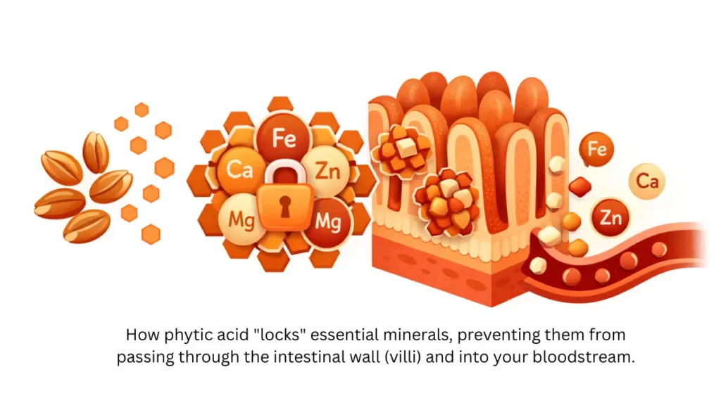 Medical illustration of phytic acid locking minerals like zinc and magnesium to prevent absorption through the intestinal villi and support ATP cellular energy.