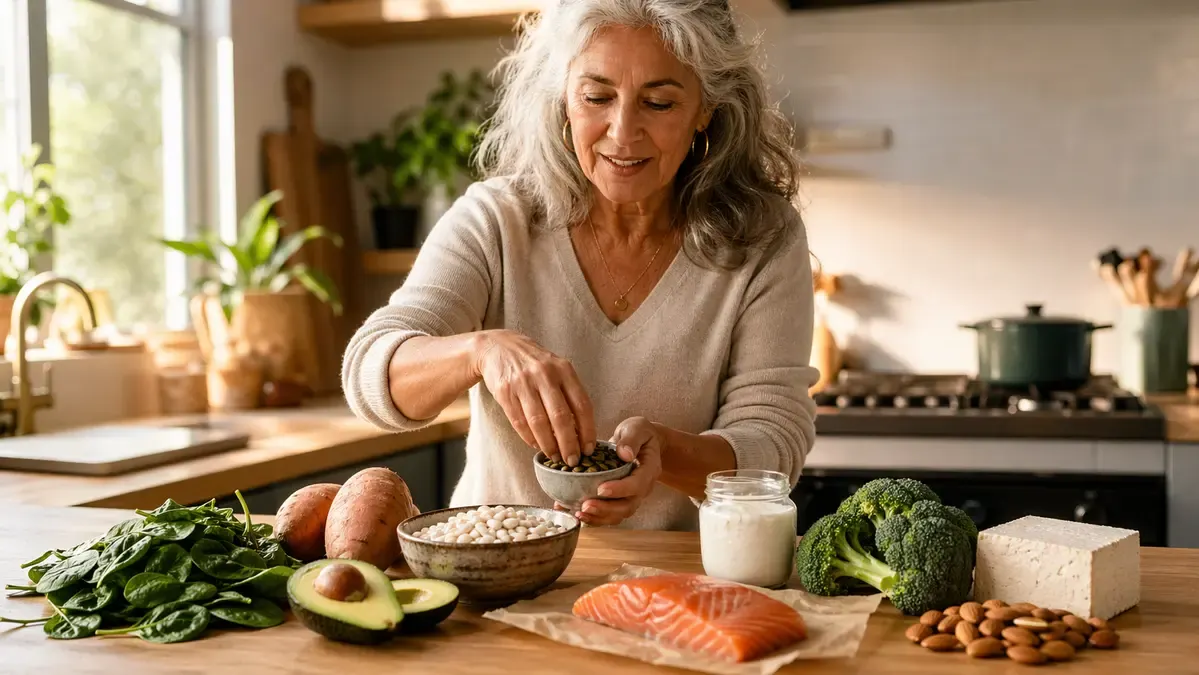 Silver-haired woman adding raw pumpkin seeds to a bowl of spinach to naturally boost magnesium levels and support ATP cellular energy.