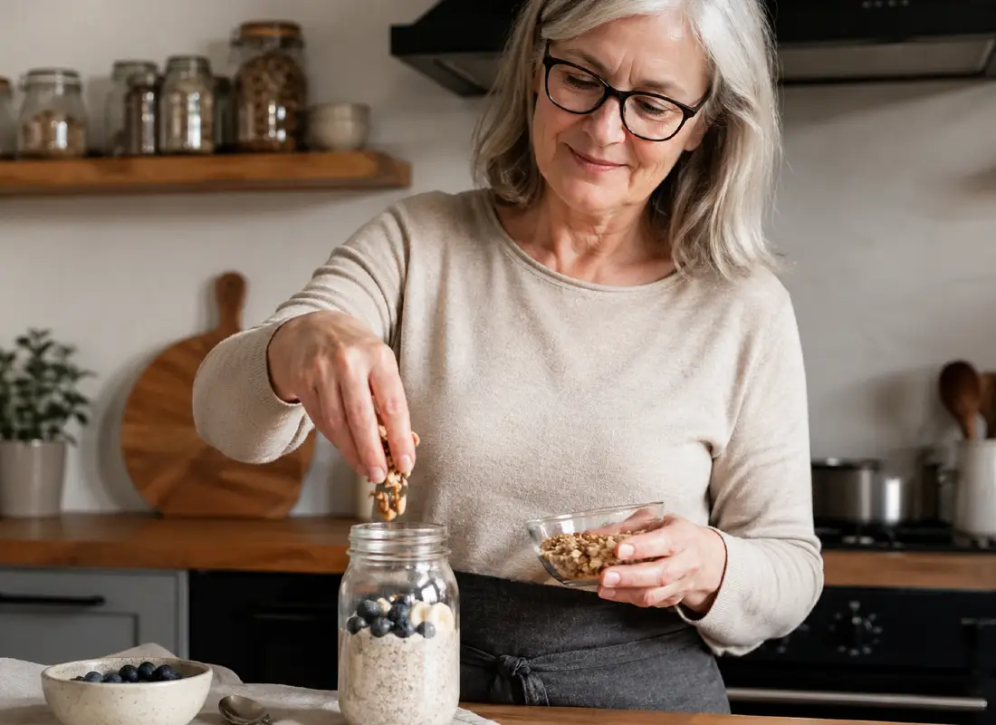 Relaxed older woman adding crushed walnuts to a glass jar of overnight oats and berries to reduce inflammation naturally without restrictive dieting.