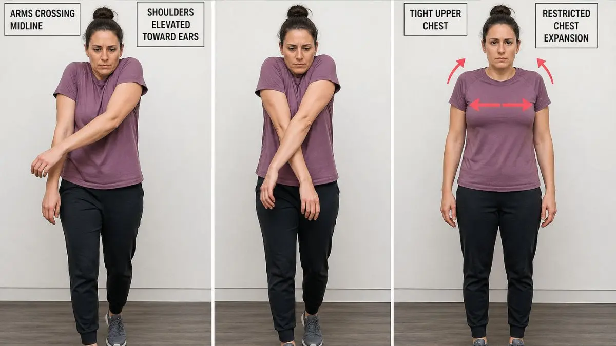 Three-panel diagram demonstrating a cross-body arm swing and elevated shoulders, illustrating how these walking mistakes cause torso twisting and restricted chest expansion.