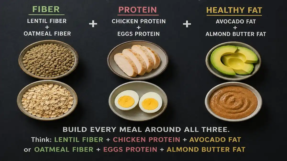 Nutritional diagram pairing specific fiber, protein, and healthy fat sources like lentils, chicken, and avocado to support slow digestion and steady metabolic energy.