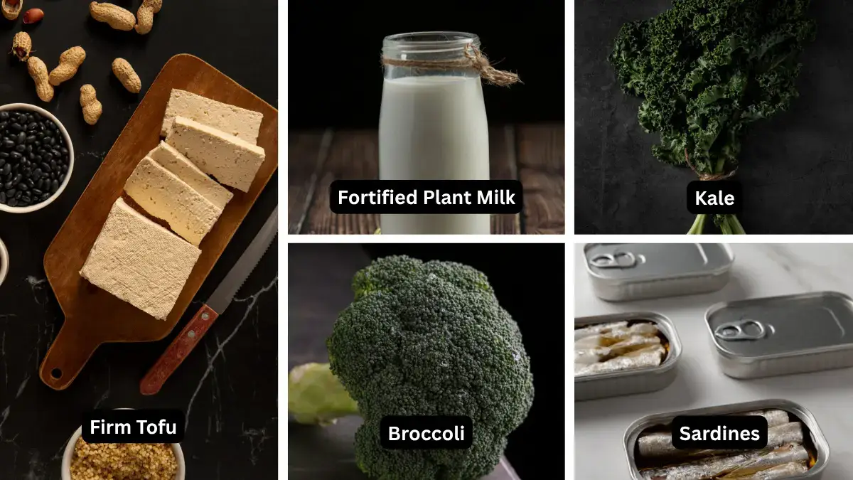 Five-panel guide showing non-dairy calcium sources including tofu, fortified plant milk, kale, broccoli, and sardines for bone health.