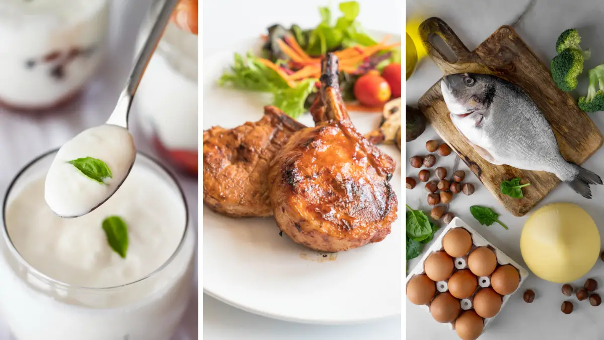 Spoonful of Greek yogurt, grilled meat, and fresh fish with eggs to maintain bone density after 50 by supporting the protein matrix of the skeleton.