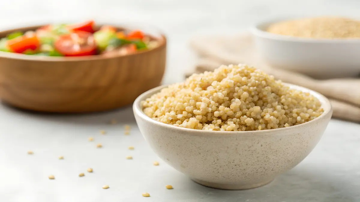 A close-up of a ceramic bowl filled with fluffy cooked quinoa, with a fresh vegetable salad in a wooden bowl blurred in the background on a bright countertop.