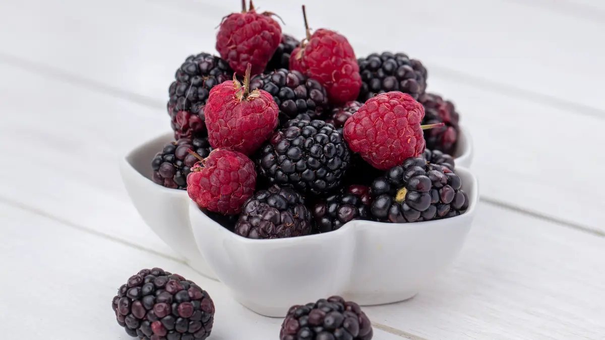 High-fiber raspberries and blackberries in a bowl, a healthy antioxidant-rich snack for stable blood sugar and energy.