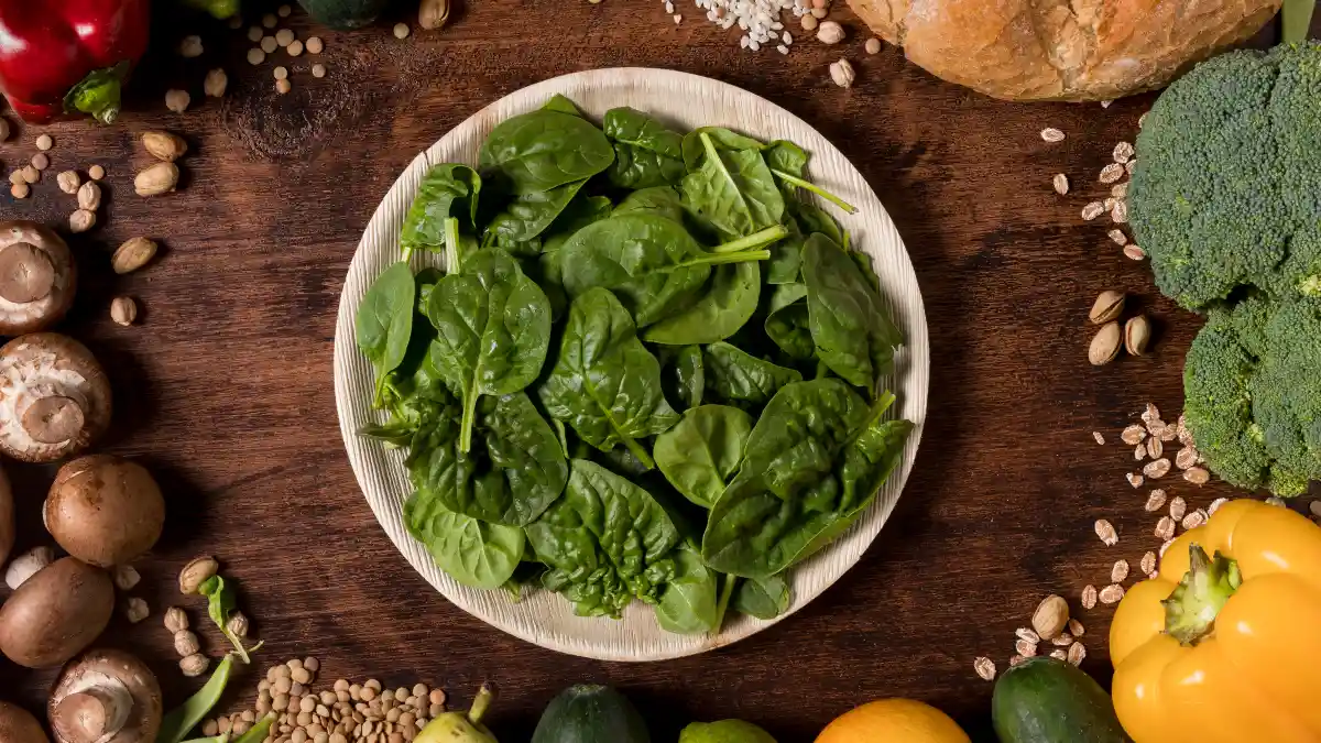Fresh spinach leaves on a plate surrounded by healthy whole foods, highlighting natural sources of iron and fiber for energy.