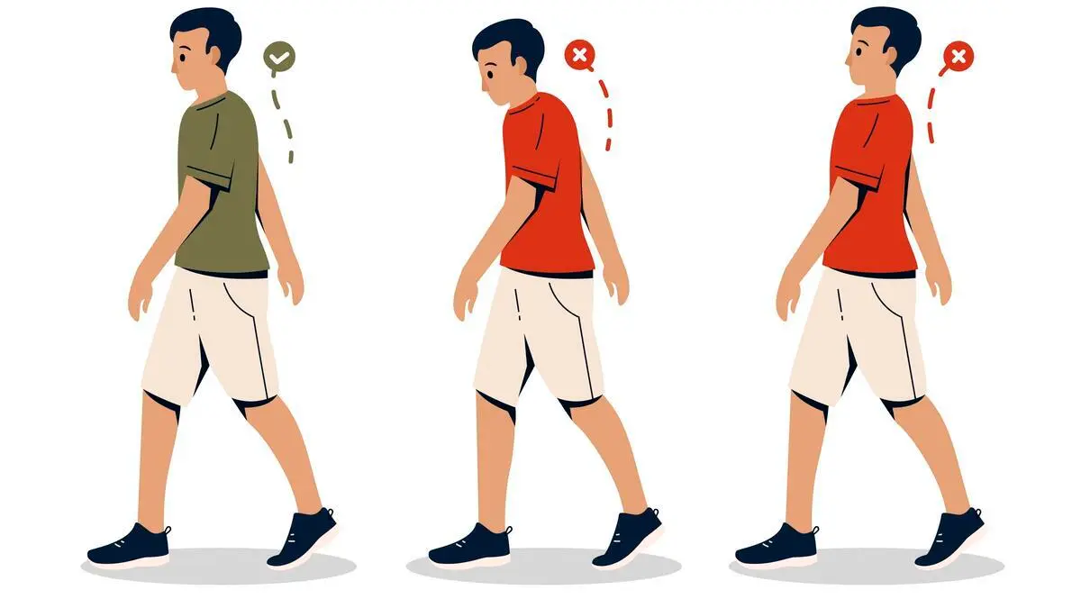 Diagram showing correct versus incorrect walking posture, highlighting how lifting the gaze prevents a forward head tilt and spinal misalignment.