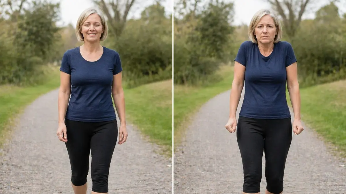 Two-panel comparison of a mature woman walking, showing how a clenched fist creates shoulder tension (right) versus how relaxed hands support open posture and better breathing (left).