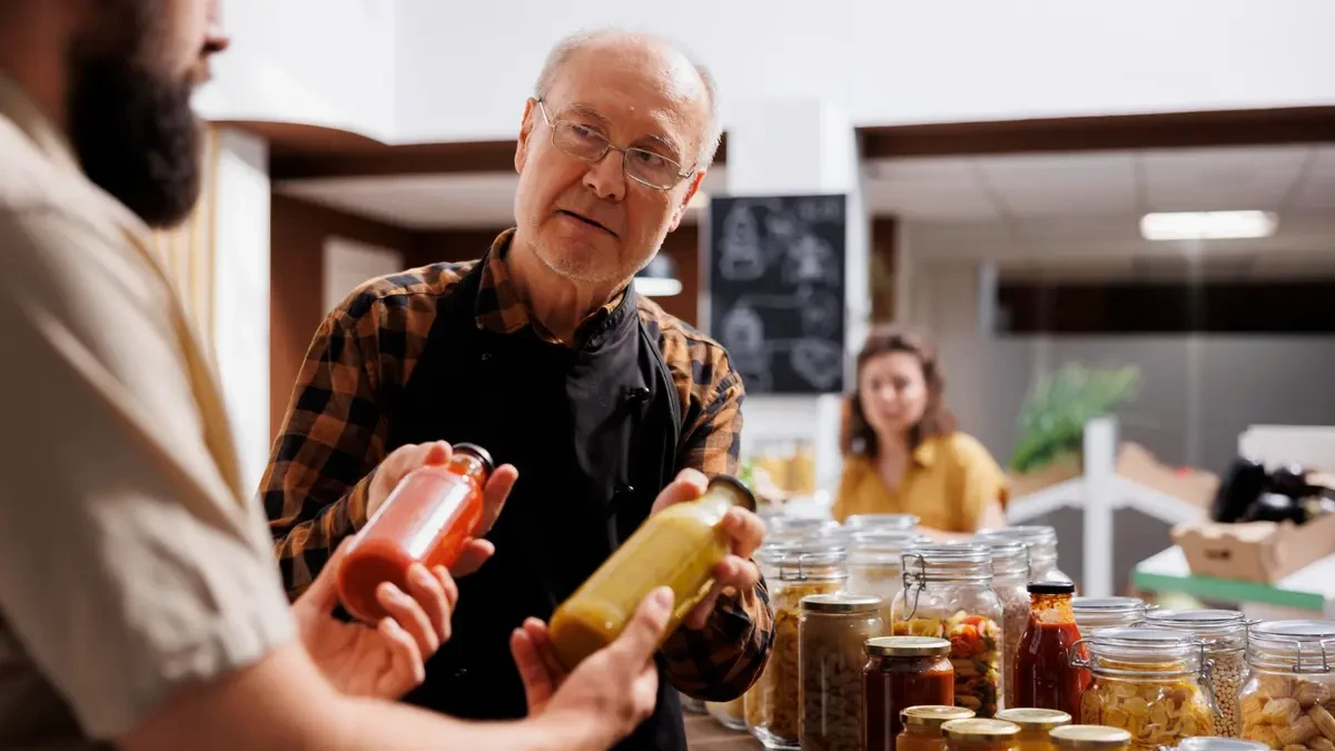 Mature man checking a syrup bottle label to identify hidden fructose and protect metabolic health