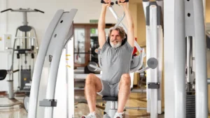A mature man maintaining grip strength through hanging exercises to support long-term longevity.