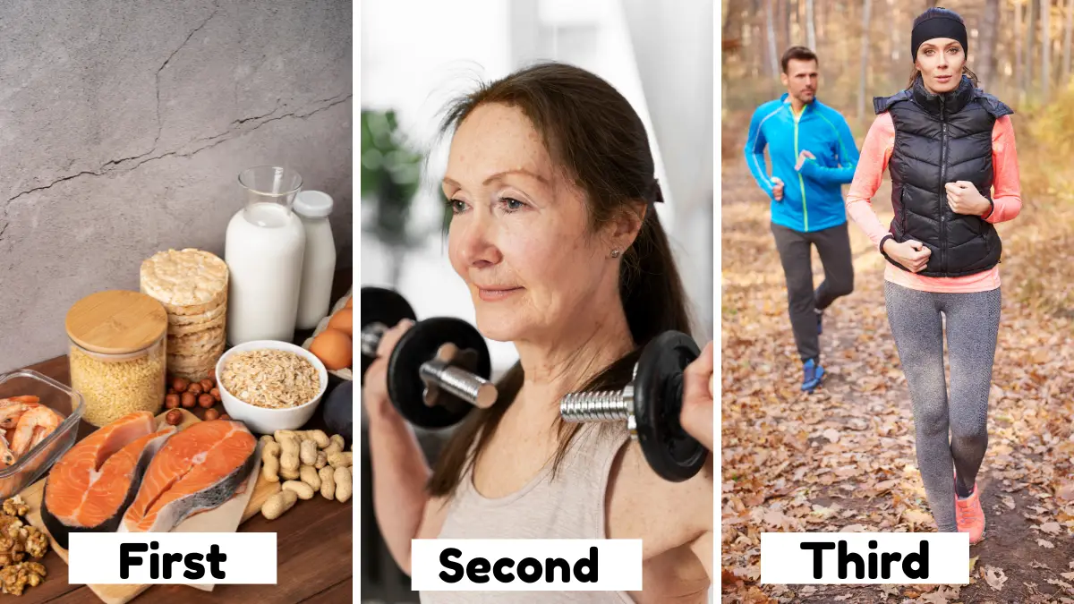Three-panel infographic for the 2026 metabolism plan showing high-protein foods, a mature woman lifting dumbbells for strength training, and a woman walking on a trail for Zone 2 cardio.