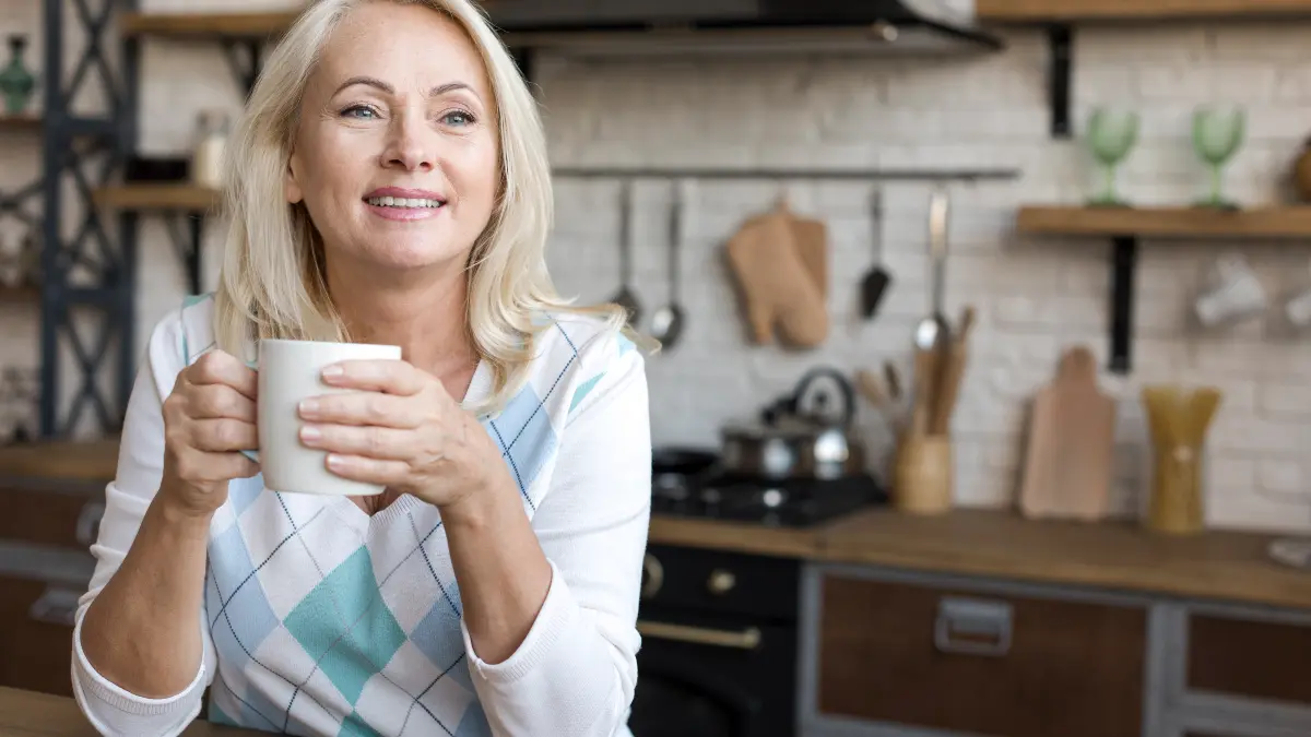 Mature woman with silver-blonde hair holding a white ceramic mug in a sunlit kitchen, reflecting on her morning routine to establish a healthy caffeine cutoff after 50.