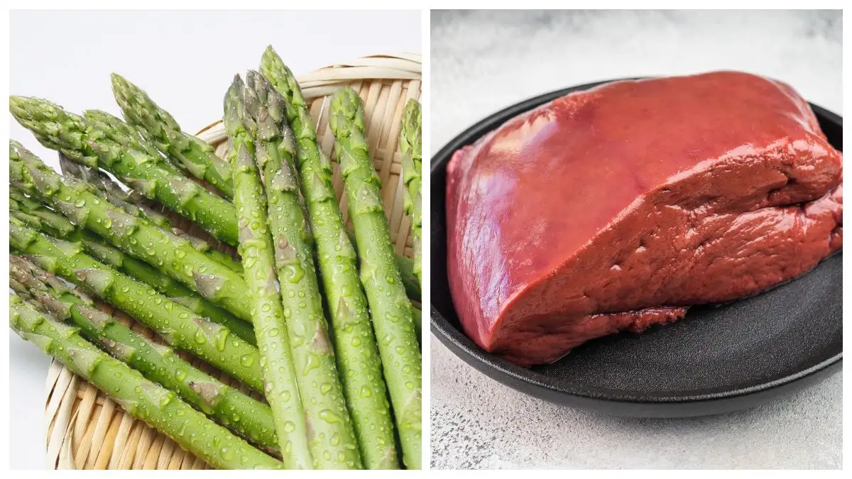 Fresh asparagus and beef liver — natural folate-rich whole foods to support brain health.