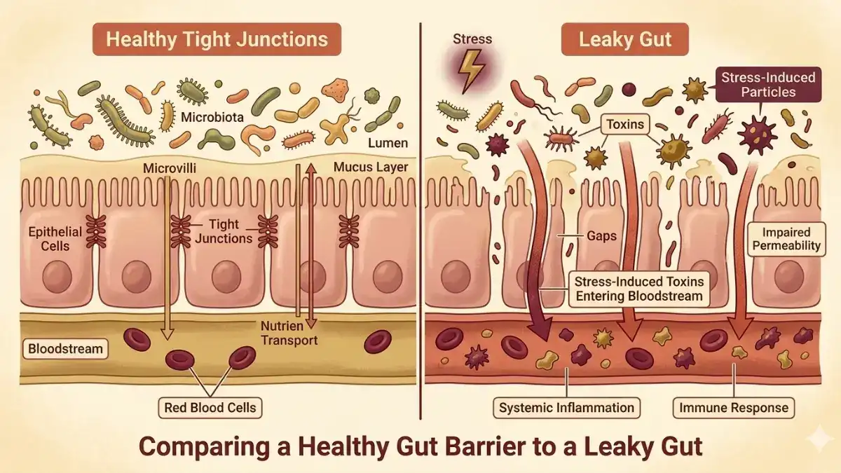 Medical illustration comparing a healthy gut barrier to a leaky gut, showing toxins entering the bloodstream through gaps.