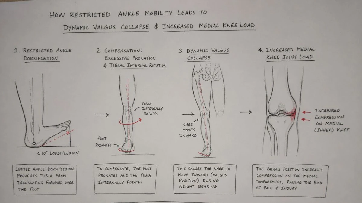 Anatomical diagram showing how restricted ankle mobility causes a dynamic valgus collapse to increase joint load on the inner knee.