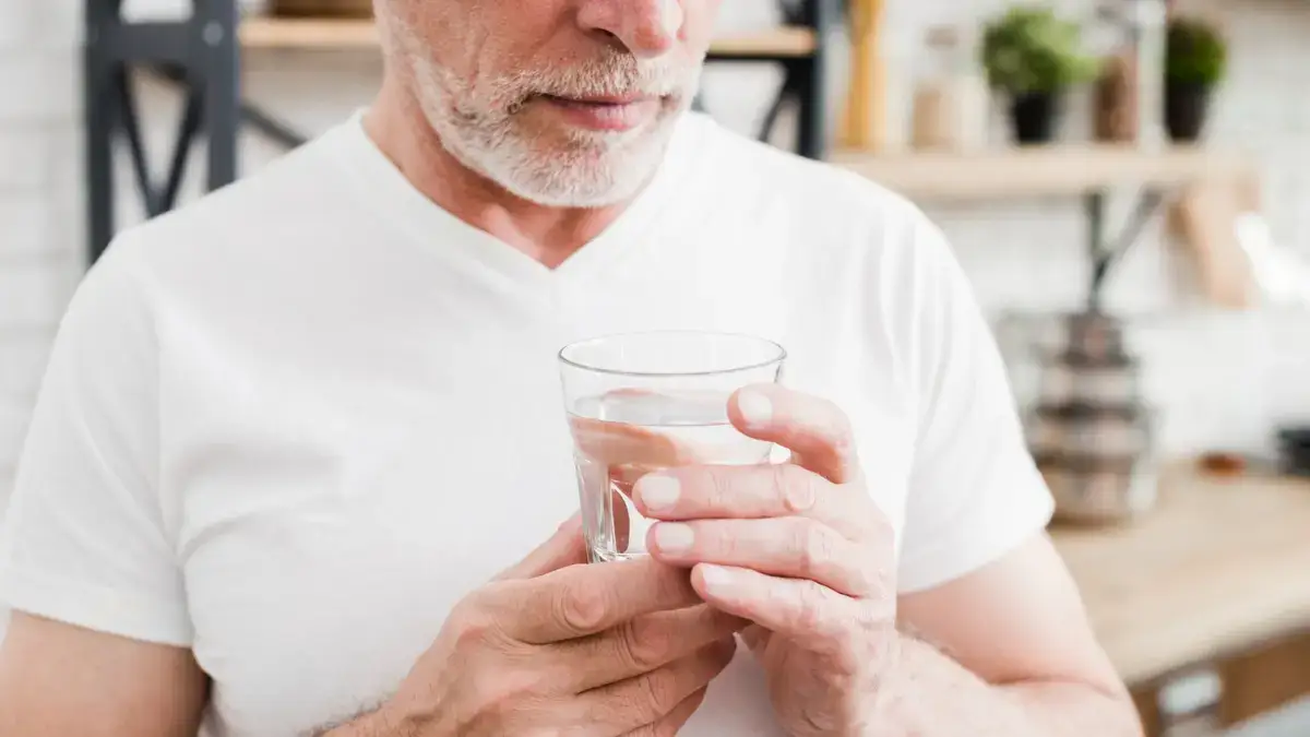 Senior man hydrating with water after a muscle relief session to improve fascial glide and prevent trigger points.