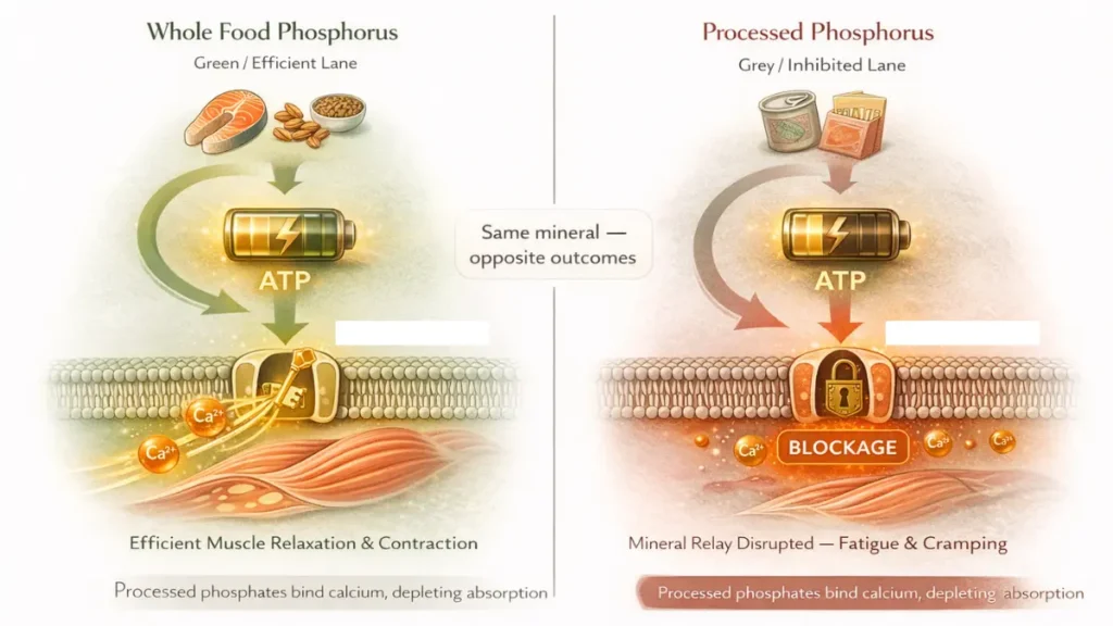 Metabolic diagram illustrating how whole-food phosphorus fuels ATP cellular energy to prevent sarcopenia and support healthy muscle contraction.