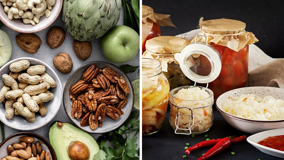 A split image of magnesium-rich nuts and greens alongside fermented foods for Vitamin K2, supporting bone density and regulation.