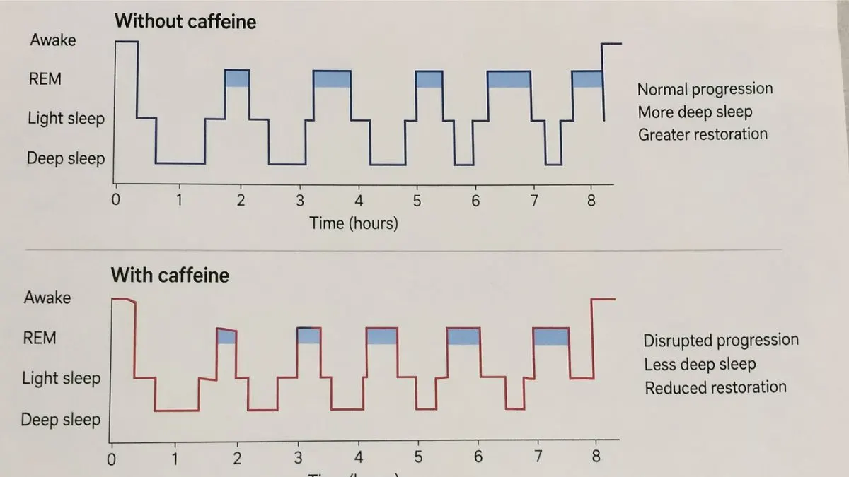Diagram of sleep wave patterns showing how caffeine blocks adenosine to reduce deep sleep restoration.