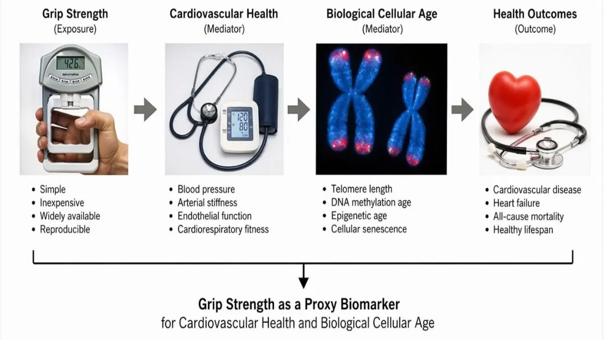 Diagram showing how grip strength acts as a proxy biomarker for cardiovascular health and biological cellular age.
