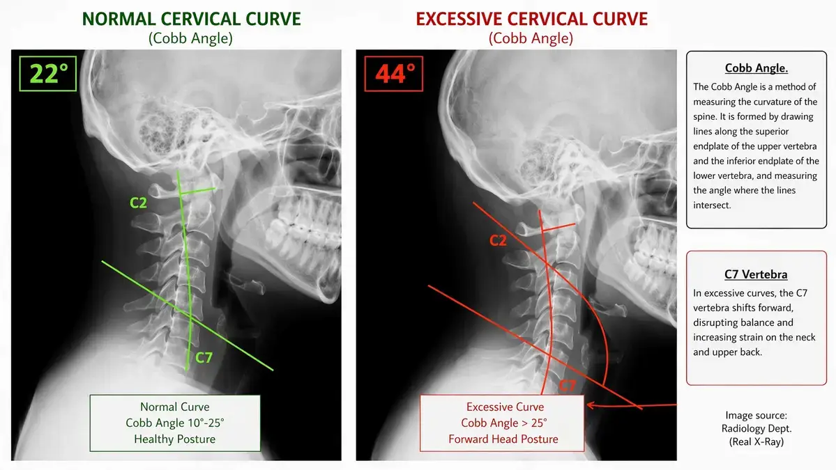 Side-profile anatomical diagram maps a healthy cervical spine curve against an excessive Cobb angle to explain the forward structural shift of the C7 vertebra.