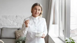 Mature woman in a white button-down shirt holding a ceramic teacup and saucer to boost metabolism naturally during her morning routine.