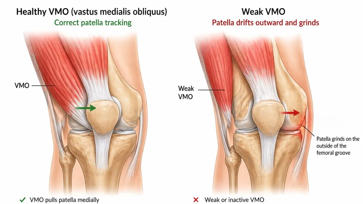 Anatomical diagram of the human knee joint contrasting a healthy VMO with correct patella tracking against a weak VMO where the kneecap drifts outward and grinds on the femoral groove.