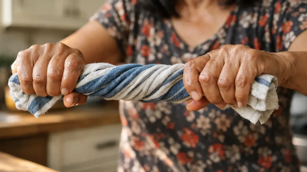Mature hands firmly wringing out a blue-striped towel to demonstrate functional grip strength and forearm muscle engagement.