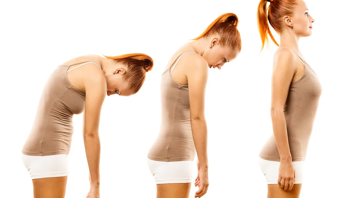 A three-step progression shows a woman performing a standing spine roll-down to mobilize the vertebrae and stretch the upper back muscles.