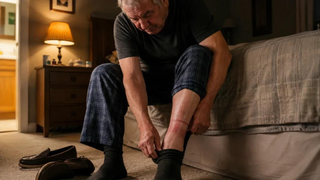 Senior man sitting on the floor beside a bed in a dimly lit bedroom, pulling off a dark sock to reveal a swollen ankle with a red indentation ring from the elastic, shoes kicked off nearby on the carpet.