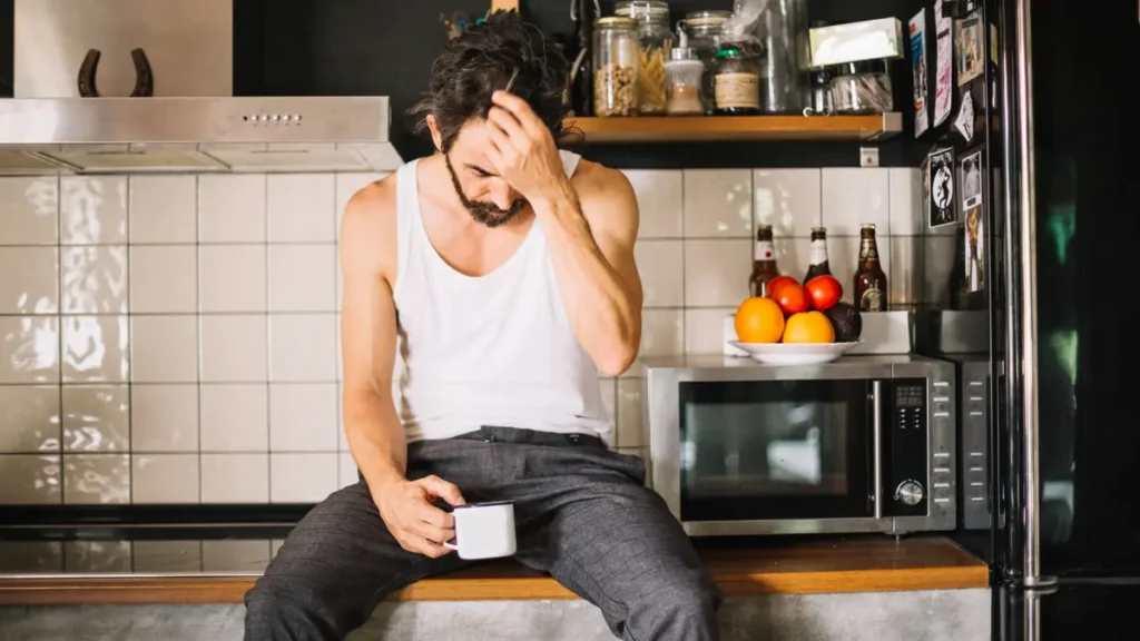 Man in his early 60s at a kitchen counter, showing quiet fatigue during month two of gut recovery after antibiotics.