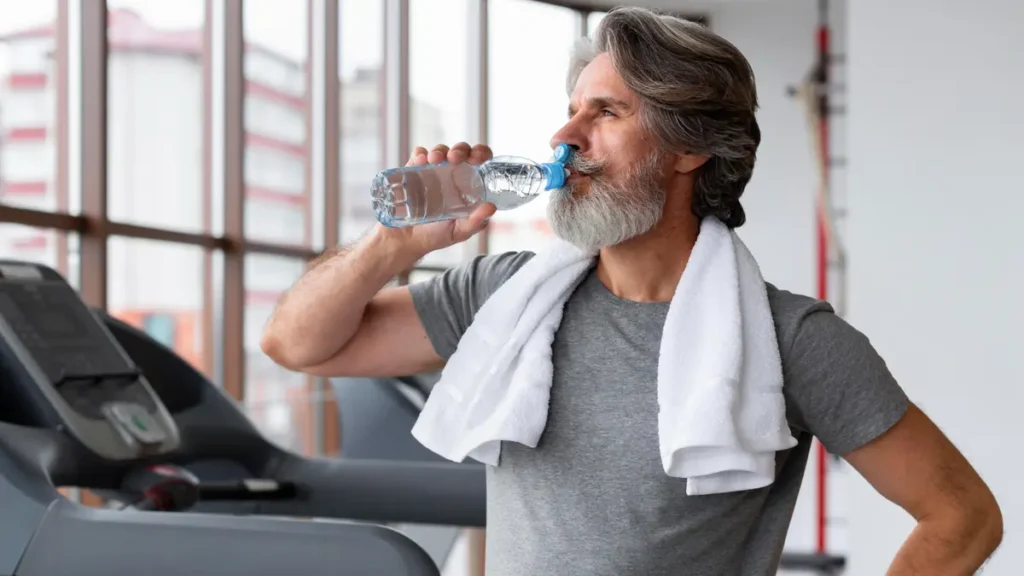 Active older man with grey beard drinks water after a workout to manage recovery times and cortisol levels after 50.