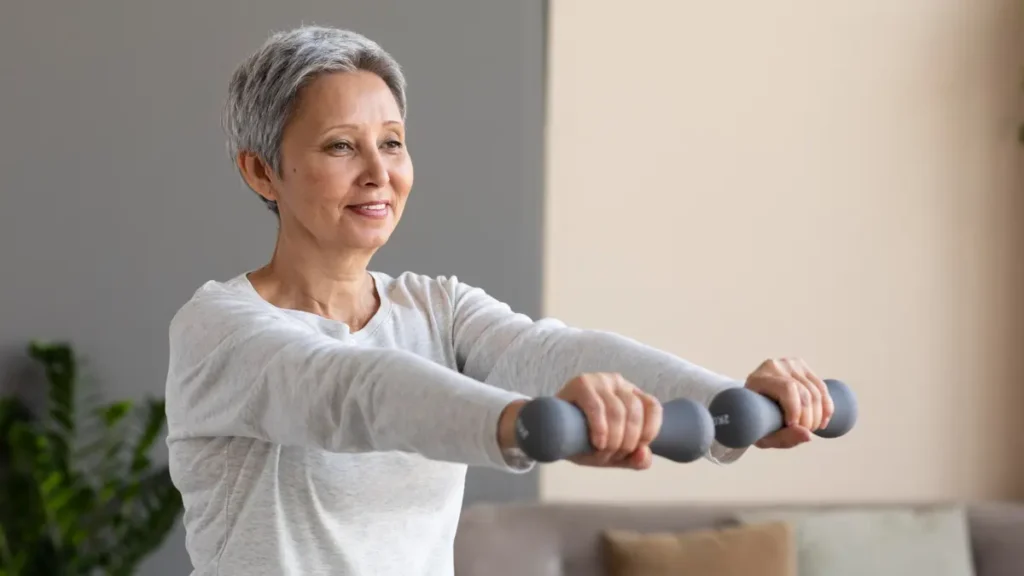 Older woman doing dumbbell exercises at home, showing resistance training is accessible and effective for maintaining muscle after 50.