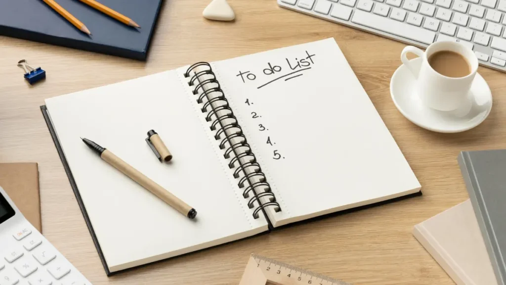Handwritten to-do list in a notebook on a clean desk to organize a weekly 5-step bone health plan for adults over 50.