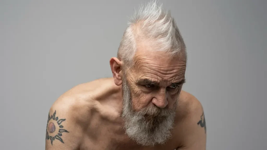 Close-up of an older man showing natural muscle mass reduction and skin changes to illustrate sarcopenia after 50.