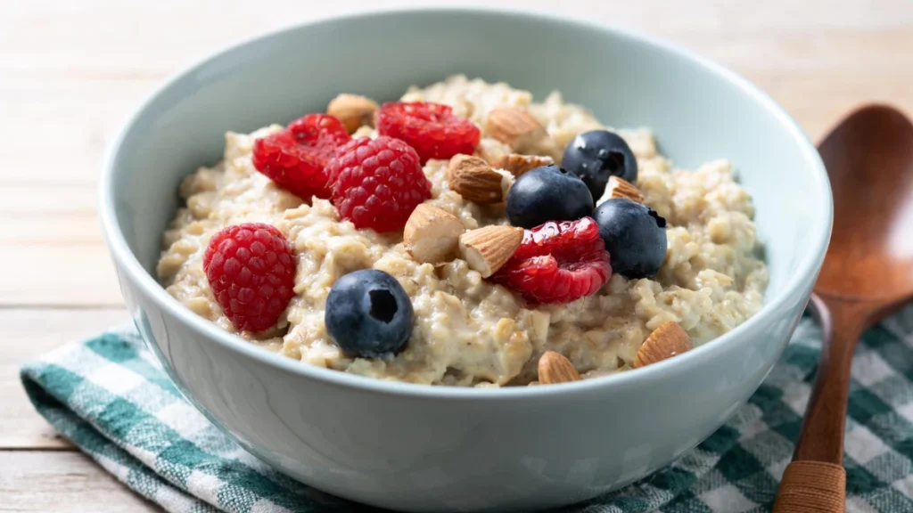 Bowl of creamy oatmeal topped with fresh raspberries, blueberries, and almonds for a fiber-rich breakfast that sustains energy.