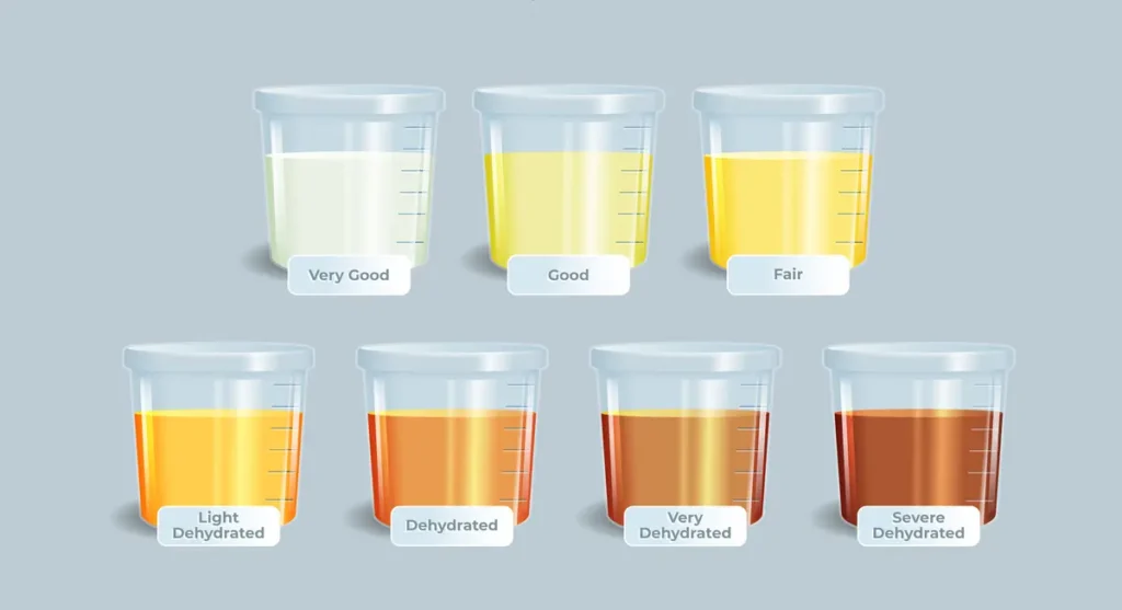 Hydration chart showing seven urine sample cups ranging from pale yellow "Very Good" to dark brown "Severe Dehydrated.