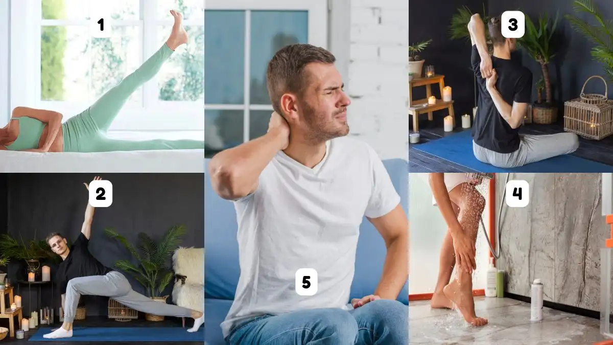 Collage of five morning joint protocol rules: bed stretches, lunge, spinal twist, warm shower, and man with neck pain.