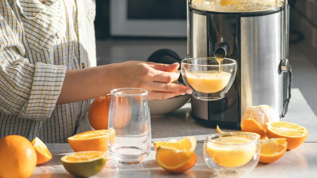 Woman using electric juicer to extract orange juice from whole oranges removing fiber that slows blood sugar absorption into the bloodstream.