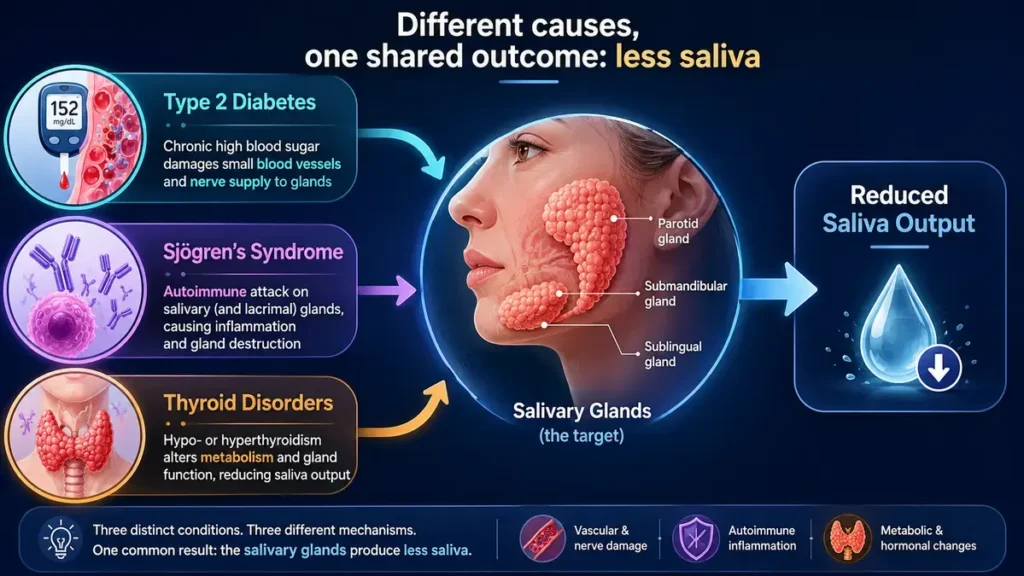 Infographic showing how Type 2 diabetes, Sjogren's syndrome, and thyroid disorders reduce salivary gland output causing dry mouth.
